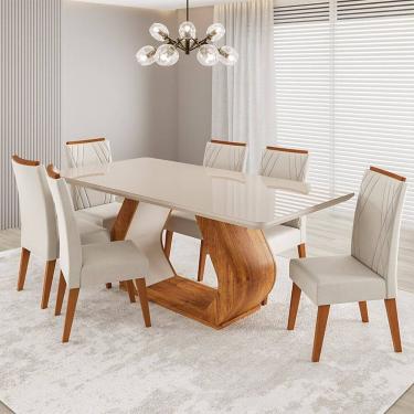 Imagem de Conjunto Sala de Jantar 6 Lugares Retangular Tampo em Vidro e Mdf Saron Mel/Off White/Bege