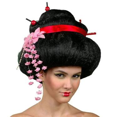 Imagem de Peruca de Gueixa Oriental para Fantasias Fios Sintéticos e Plástico Preta Extra Festas