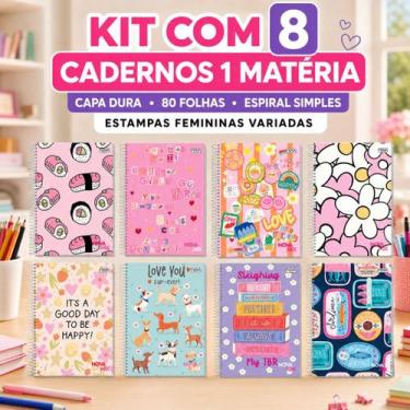 Imagem de Kit 8 Cadernos Escolares Feminino Capa Dura 80 Folhas - Nova Mix