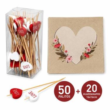 Imagem de Kit 50 Palitos de Aperitivo Bambu Coração Love + 20 Guardanapos Decora