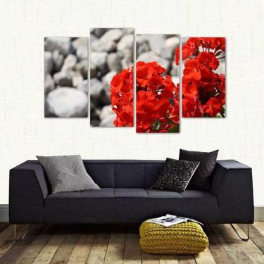 Imagem de Quadro Decorativo Flores Vermelha Sala Em Tecido 4 Peçase