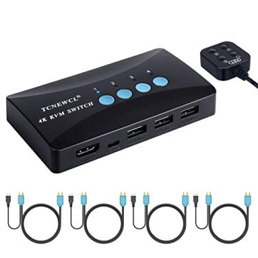 Imagem de TCNEWCL KVM Switch 4 portas, HDMI KVM Switcher 4Kx2K @30Hz para 4 computadores compartilhando 1 monitor HD e 3 dispositivos USB teclado mouse impressora, incluindo 4 cabos KVM e 1 x controle de mesa