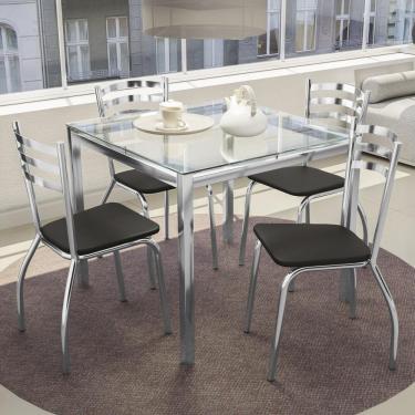 Imagem de Kit Conjunto Mesa Quadrada 4 Cadeiras 90 x 90 cm Sala de Jantar Cozinha Vidro Metal Cromado Preto