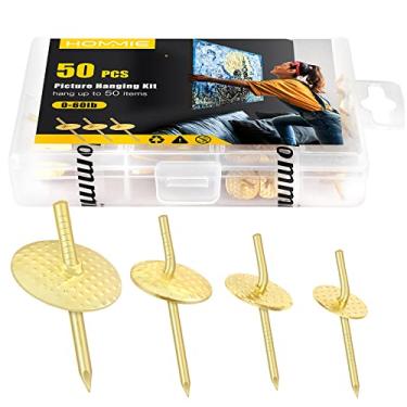Imagem de Hommie 50 peças de ganchos de unha de liga de ferro de um passo sortidos, 20 libras, moldura de foto, ganchos de armação de gesso profissional, kit de pendurar para quadro em madeira e parede de gesso para relógio, espelho, joias..., In different size