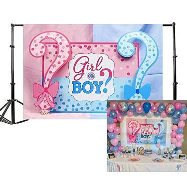 Imagem de AOFOTO 2,1 x 1,5 m menino ou menina bebê revelar pano de fundo rosa azul pontos de interrogação fundo chá de bebê festa bolo sobremesa decorações príncipe ou princesa gênero revelar oh bebê foto sessão de fotos vinil
