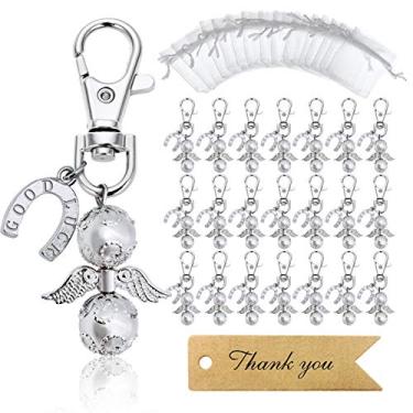 Imagem de Chaveiro de ferradura iZoeL 20 Angel Favor Lucky Horseshoe Plus Bolsas de organza Plus Thank You Kraft Tags, brindes de convidados para chá de bebê, chá de panela, casamento, lembranças de festa, formatura (prata)