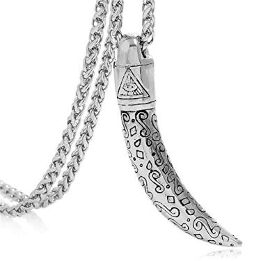 Imagem de Colar de aço inoxidável egípcio pirâmide egípcia com pingente de dente de lobo e iluminati Evil Eye Illuminati, corrente de elo de quilha de 61 cm