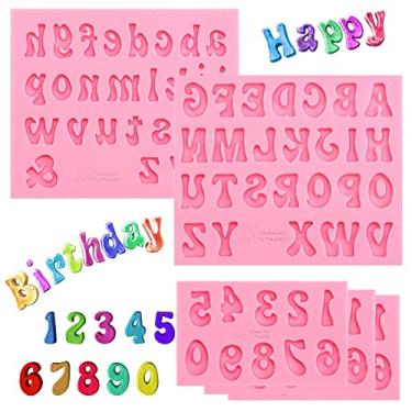 Imagem de 5 moldes de silicone para letras pequenas e números, 0-9 números, letras maiúsculas e minúsculas para doces, morangos cobertos de chocolate, decoração de bolos