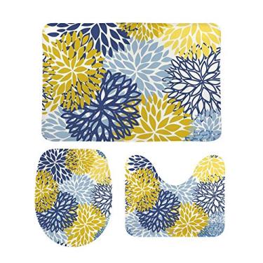 Imagem de Conjunto de 3 peças de tapete de banheiro My Daily com flores de dália, amarelo, azul, floral, em forma de U, tapete de banheiro antiderrapante