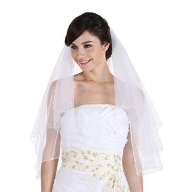 Imagem de Véu de noiva SAMKY 2T 2 camadas com lantejoulas e bordas com contas, Marfim, Fingertip Length 36"