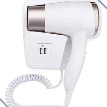 Imagem de Secador de Cabelo com Suporte de Parede 110v, Potente 1500w, para Banheiro Hotel Casa Suíte Pousada Carrega celular