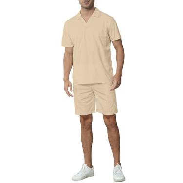 Imagem de Angbater Conjunto masculino de 2 peças de camisa polo e shorts, cor lisa, textura geométrica, casual, conjunto de roupa de férias, Caqui, G