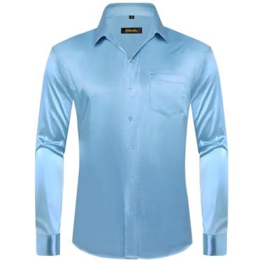 Imagem de DiBanGu Camisa social masculina manga longa cetim liso ajuste regular casual camisa de botão para festa de casamento formal, Cetim azul claro, XXG