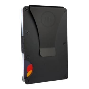 Imagem de Carteira masculina minimalista fina com bloqueio de RFID, fibra de carbono, porta-cartão de crédito de alumínio com clipe para dinheiro - Ambition by Azul, Preto fosco, Fina