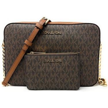 Imagem de Michael Kors Bolsa tiracolo com logotipo impresso grande Jet Set com bolsa de moedas com logotipo combinando, Marrom
