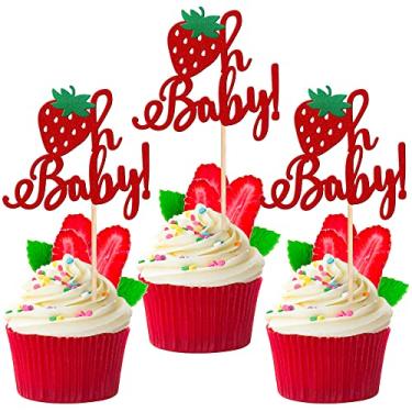 Imagem de 24 peças morango Oh Baby Cupcake Toppers Glitter Fruit Theme Oh Baby Morango Cupcake Picks para Revelação de Gênero Chá de Bebê Crianças Meninos Meninas Festa de Aniversário Decorações de Bolo Suprimentos Vermelho