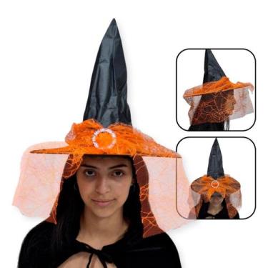 Imagem de Chapéu de Bruxa Preto com Fecho e Renda Laranja - Extra Festas