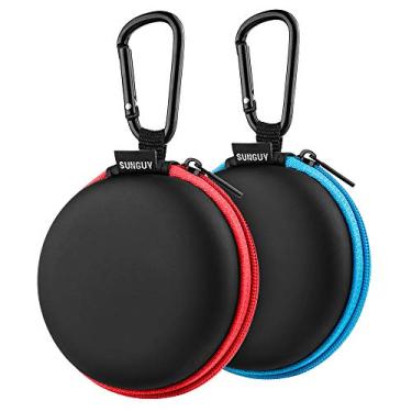 Imagem de SUNGUY – Estojo para fone de ouvido SUNGUY [pacote com 2] bolsa pequena redonda para fone de ouvido, bolsa de transporte com mosquetões para fones de ouvido, fones de ouvido, aparelhos auditivos, cabo USB e mais (vermelho + azul)