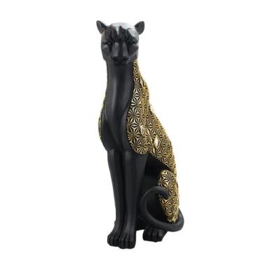 Imagem de Guepardo Preto Detalhes Dourado Sentado 30cm - Enfeite Decorativo Resi