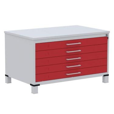 Imagem de Mapoteca 5 Gavetas Pandin 120 cm (Larg) Inmetro Tampo MDP Cinza Estrutura Aço Cinza Gaveta Vermelha