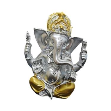 Imagem de IEUDNS Ornamento de resina de estátua de Lord Ganesha, colecionável indiano, escultura de Buda de elefante, estatueta de Ganesha para sala de estudo, Prata