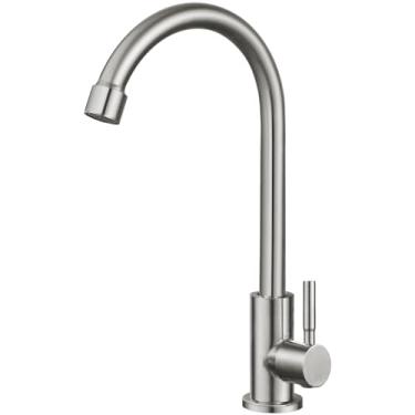 Imagem de Torneira de cozinha de abastecimento de água fria Bico giratório de 360 graus de níquel escovado montado no deck Torneira de pia de arco alto SUS304 Torneira de aço inoxidável pescoço de ganso (dreno