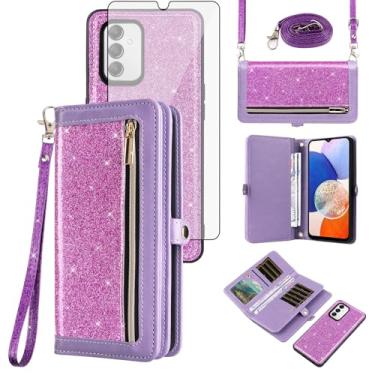 Imagem de Asuwish Capa de celular para Samsung Galaxy A14/M14 5G Carteira com zíper destacável com protetor de tela de vidro temperado alça de cordão Bling Glitter Flip porta-cartões A 14 4G 14A 14M G5 feminino