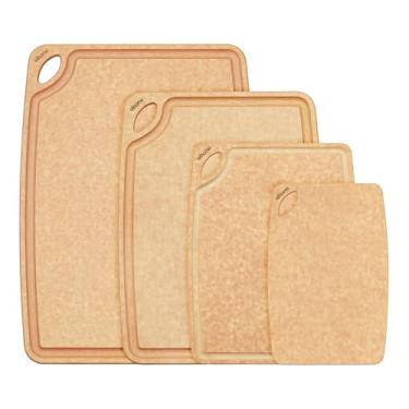 Imagem de Elihome Conjunto de tábua de corte 4 em 1 da série clássica para cozinha, composto de fibra de madeira natural, seguro para lava-louças, ecológico, sulcos de suco com alças de fácil aderência, não