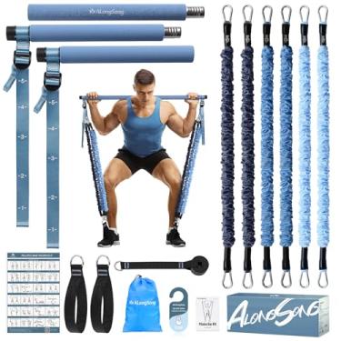 Imagem de ALongSong Kit de barra de pilates atualizado com faixas de resistência em látex natural envolto em tecido, equipamento de exercício ajustável, multifuncional, bastão de pilates para ioga, suporte de