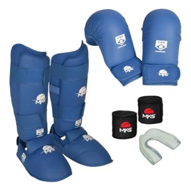 Imagem de Kit Luva de Karatê + Caneleira de Karatê + Bandagem + Protetor Bucal MKS Combat Homologado CBK Azul (Azul, LUVA P + CANELEIRA M)