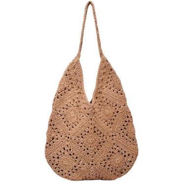 Imagem de Bolsa de praia MEUPEHO Sacola de crochê Bolsa de tecido boho cáqui