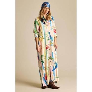 Imagem de Chemise Longa Com Mangas 3/4 Bege Estampado Yacamim P7-Feminino