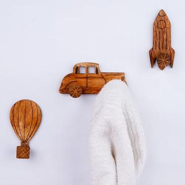 Imagem de Indian Shelf Foguete, balão de ar quente, ganchos de parede adesivos de madeira decorativos de carro para casacos – 3 ganchos de chapéu 6 tiras, suporte de toalha à prova d'água, cabides sem