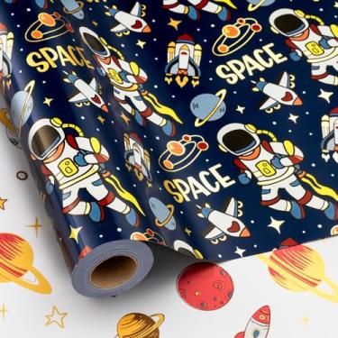 Imagem de Yarcony Rolo de papel de embrulho espacial, papel de embrulho de aniversário para meninos, azul marinho, astronauta, presente para crianças, aniversário, espaço sideral, decoração de festa, navio
