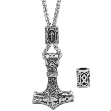 Imagem de Colar Viking Masculino Aço Inox Pingente Martelo de Thor e Runa Nórdica | Cordão Mjolnir inoxidável - Amuleto de Proteção para Presente Simbólico Força, Mitologia Escandinavo, Estilo Tribal (Prateado)
