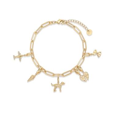 Imagem de PAVOI Pulseira ajustável banhada a ouro 14K para mulheres | Pulseira de corrente com pingente de barra torcida e clipe de papel com lua, olho turco, urso de pelúcia, cadeado de coração, avião