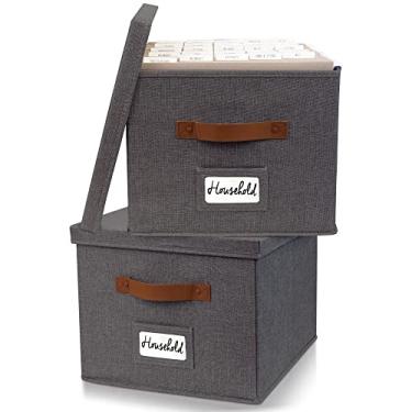 Imagem de ZICOTO Conjunto de 2 caixas decorativas organizadoras de arquivos - Armários dobráveis de linho com alças são perfeitos para armazenar todos os seus documentos e pastas de arquivos suspensas - Caixas