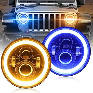 Imagem de DVISUV Faróis de LED redondos de 17,78 cm para Jeep JK, faróis de LED Jeep Wrangler com auréola âmbar/azul para motocicleta universal Jeep Wrangler JK TJ LJ