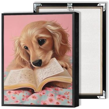 Imagem de Funky Golden Retriever Reading Book Wall Art Pink Funny Cute Animal Dog Poster Girls Dog Lovers Study Book Prints Pintura para sala de estar quarto decoração de parede 20 x 30 cm sem moldura