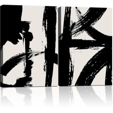Imagem de 2 peças de arte de parede em tela abstrata em preto e branco emoldurado, minimalista, pincelada, impressões, estilo galeria, pintar, pôsteres, imagem, quarto, sala de estar, escritório, 40 x 61 cm