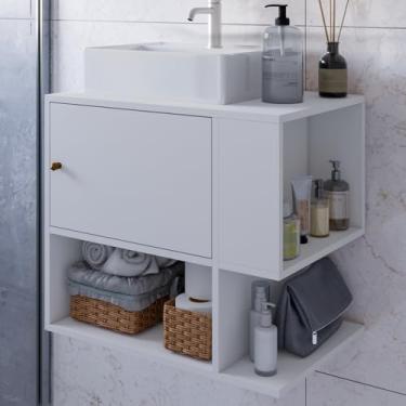 Imagem de Gabinete Beauty Armário Banheiro 1 Porta E Nicho Lateral + Pia Cuba Sobrepor (Branco)