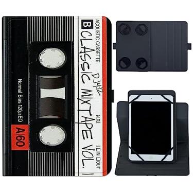 Imagem de Rossy Capa protetora universal para tablet de 20,3 cm e 22,8 cm de couro PU para tablet de 8 a 9 polegadas com suporte giratório de 360 graus e vários ângulos de visualização, cassete de áudio retrô
