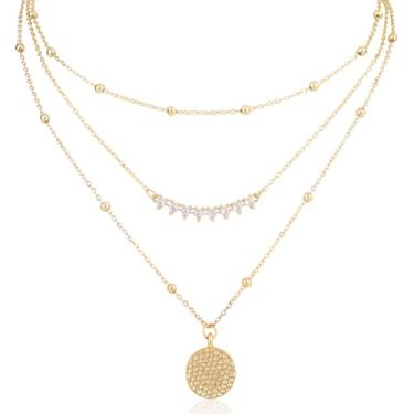 Imagem de 3pcs Colares Camadas para Mulheres, Conjunto Colares Empilháveis Gargantilha Ajustável Pingente Disco Redondo e Beads Zircônia Cúbica Presente de Joia Moderna (Dourado)