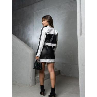 Imagem de Conjunto material sintético Preto Branco Jaqueta + Saia Curta - luh ma