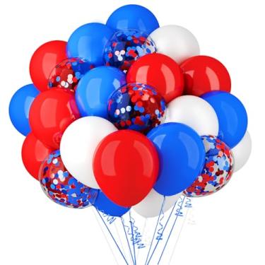 Imagem de Balões de 4 de julho 62 peças de balões de festa de látex metálicos vermelhos, brancos e azuis, conjunto de balões de confete vermelho, branco e azul com fita para decoração de festa de aniversário
