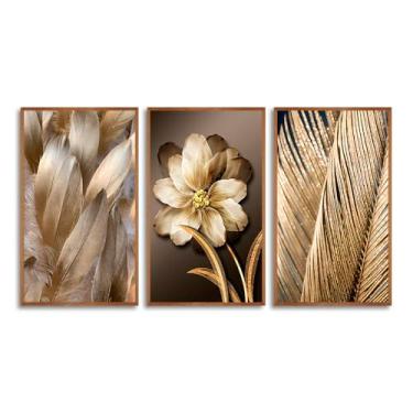 Imagem de Kit com 3 Quadros Decorativos 30x50 cm Floral Rustico com Moldura Retangular com 2cm de largura, na posição Vertical, ideal para ambiente de Sala, Quarto e Hall. Tamanho dos quadros montados na parede 50x94cm.