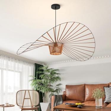 Imagem de Lustre de tecido marrom, luminárias pendentes em forma de chapéu de palha criativo D39", tecido elástico + material de fibra de vidro, lustres grandes boho modernos, adequados para sala de estar