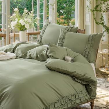 Imagem de Merryword Conjunto de edredom queen 100% algodão com babados, verde abacate, chique, casa de fazenda, campo francês, fofo