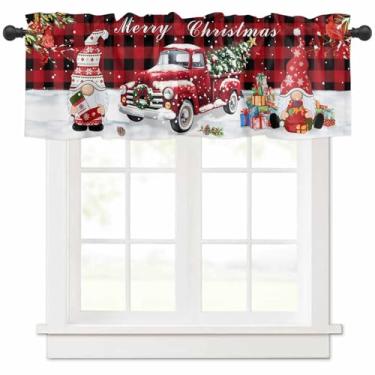 Imagem de CosyBright Merry Christmas Cortina curta para janela, caminhão, árvore de Natal, gnomo, pássaro, varão, bolso para janelas, 137 x 45 cm, vintage, xadrez preto e vermelho, para quarto, banheiro, café
