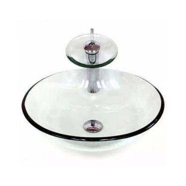 Imagem de Cuba Vidro Redonda 42Cm Incolor + Válvula + Torneira Cascata - Cubas E